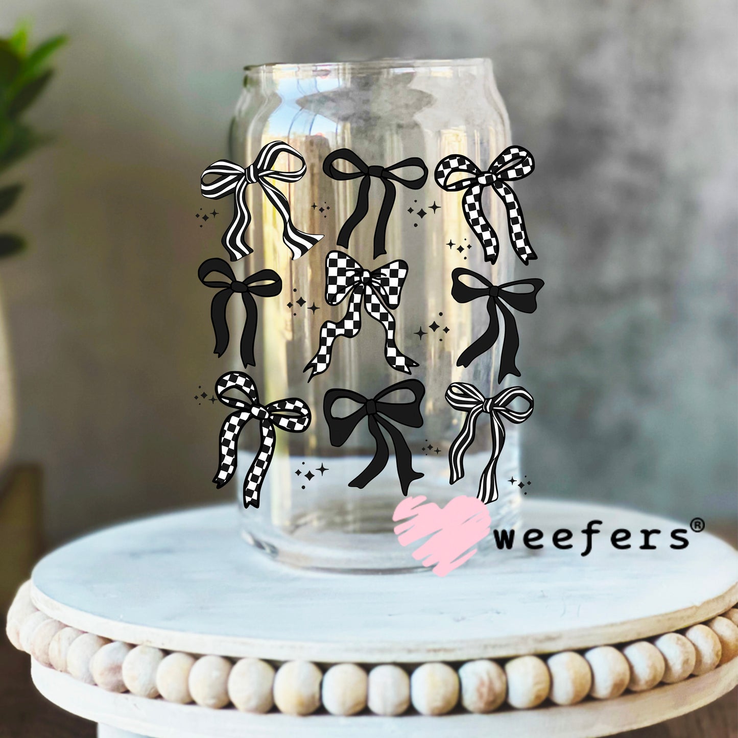 Black Checkered Bows Box UV DTF Decal 16oz Libbey Glass Original Size Weefers