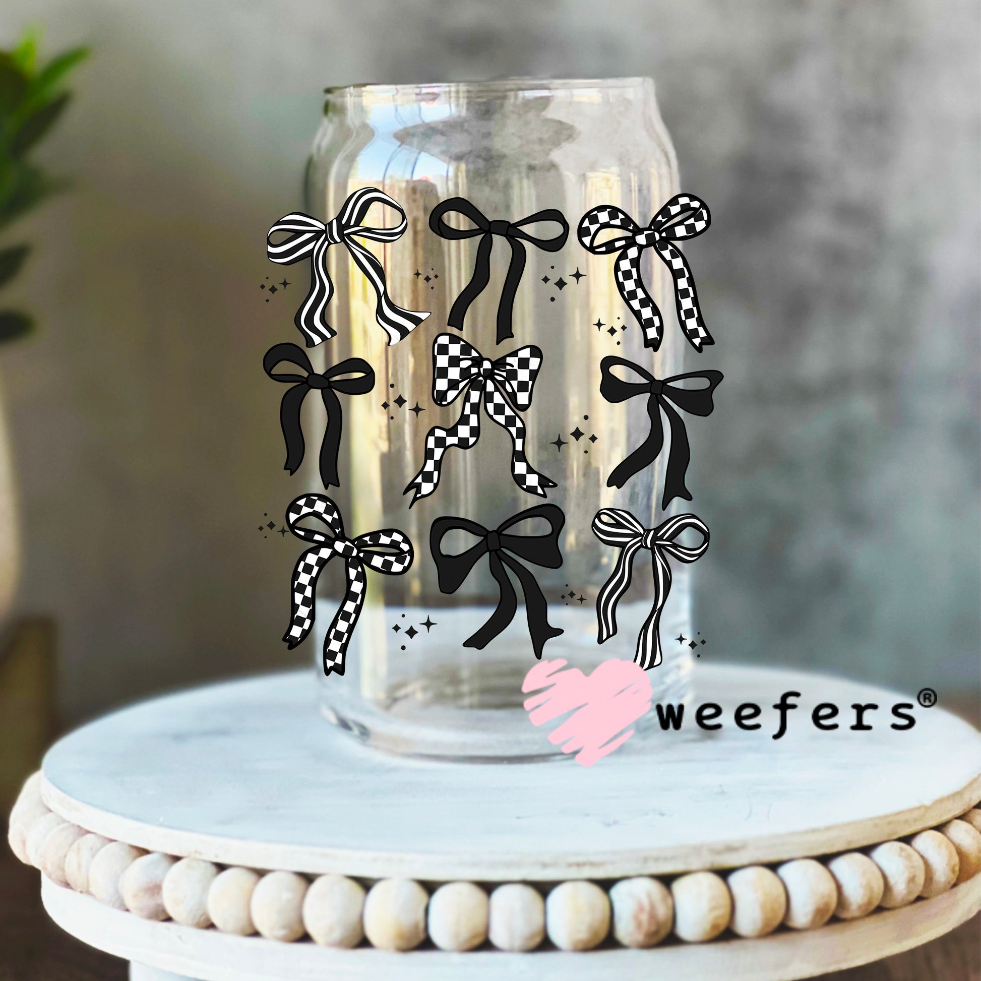 Black Checkered Bows Box UV DTF Decal 16oz Libbey Glass Original Size Weefers