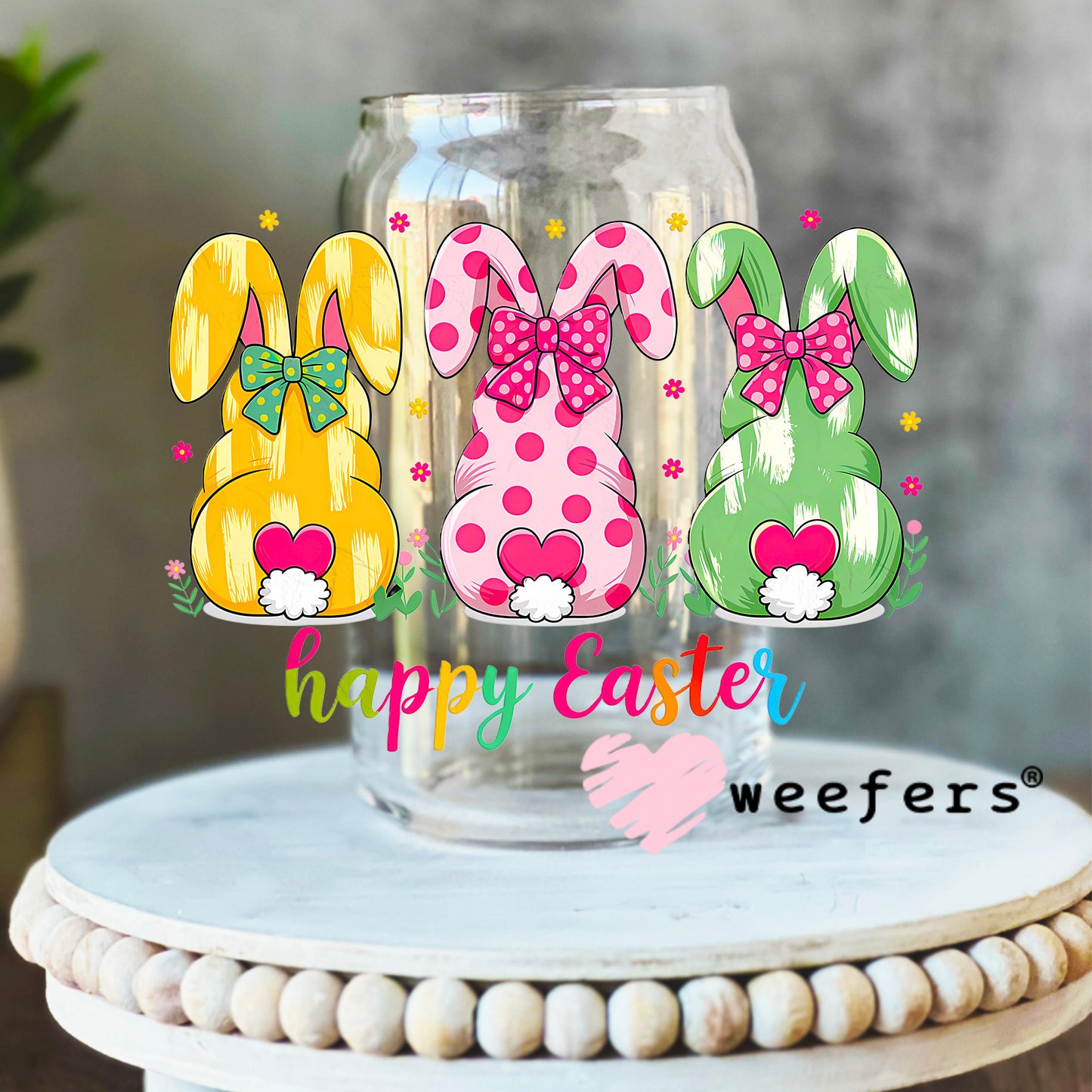 Happy Easter Colorful Bunnies UV DTF Decal 16oz Libbey Glass Original Size Weefers