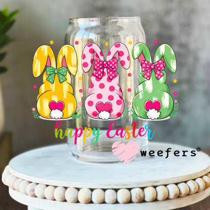 Happy Easter Colorful Bunnies UV DTF Decal 16oz Libbey Glass Original Size Weefers