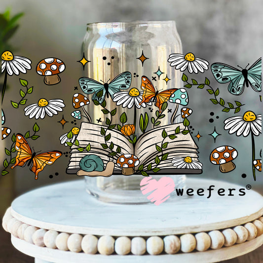 Open Book Butterflies and Mushrooms UV DTF Cup Wrap 16oz Libbey Glass Original Size Weefers