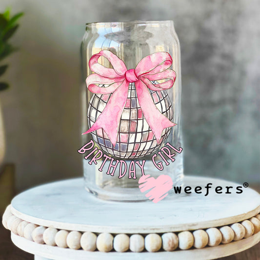 Disco Ball Pink Bow Birthday Girl UV DTF Decal 16oz Libbey Glass Original Size Weefers