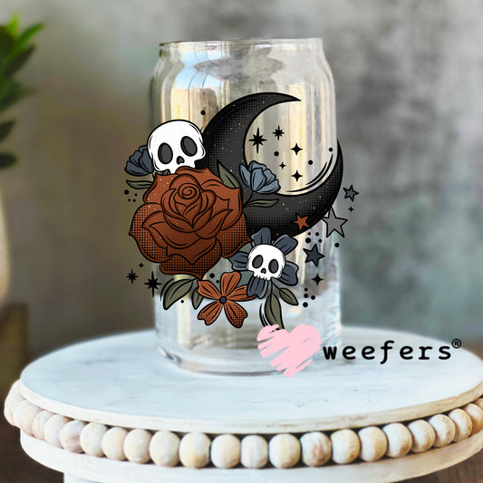 Burgundy Rose Black Moon and Skulls UV DTF Decal 16oz Libbey Glass Original Size Weefers