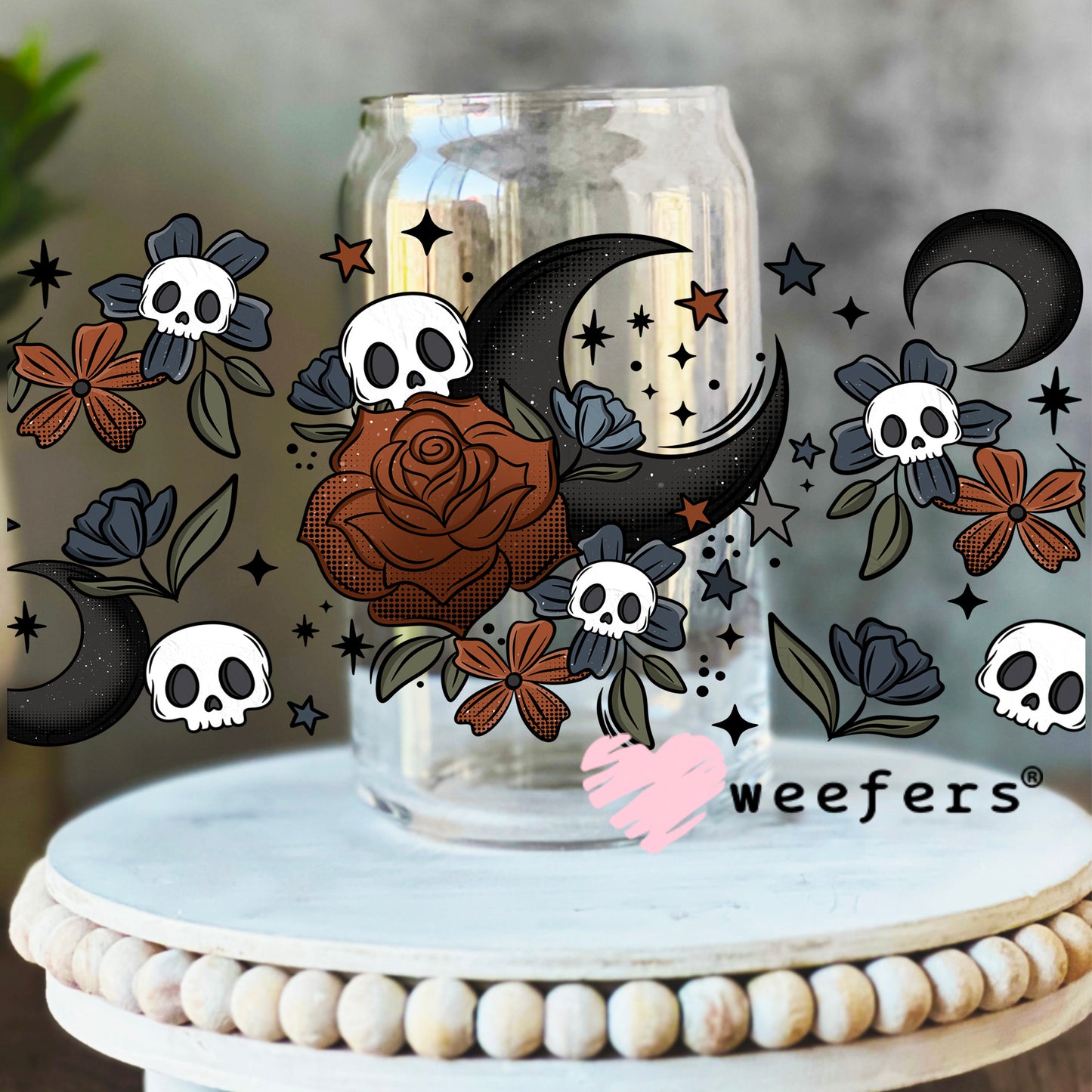 Burgundy Rose Black Moon and Skulls UV DTF Cup Wrap 16oz Libbey Glass Original Size Weefers