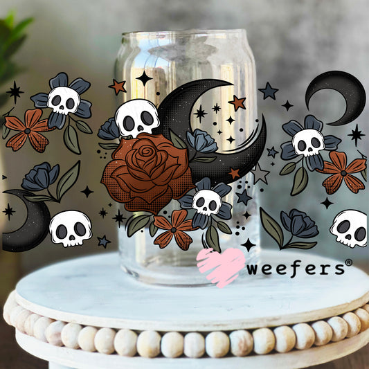 Burgundy Rose Black Moon and Skulls UV DTF Cup Wrap 16oz Libbey Glass Original Size Weefers