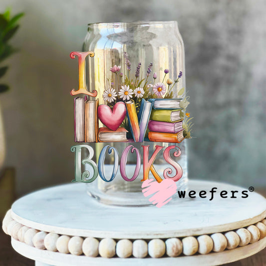 I Love Books Flowers UV DTF Decal 16oz Libbey Glass Original Size Weefers