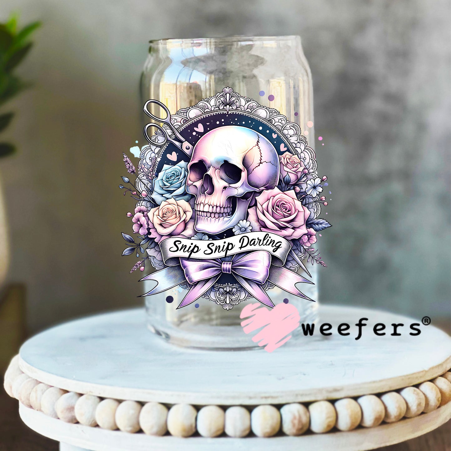 Snip Snip Darling Hair Stylist UV DTF Decal 16oz Libbey Glass Original Size Weefers