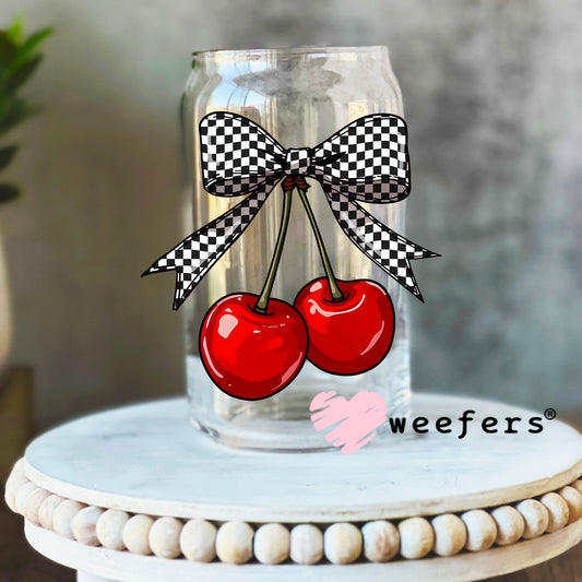 Red Cherries Black Checkered Bow UV DTF Decal 16oz Libbey Glass Original Size Weefers