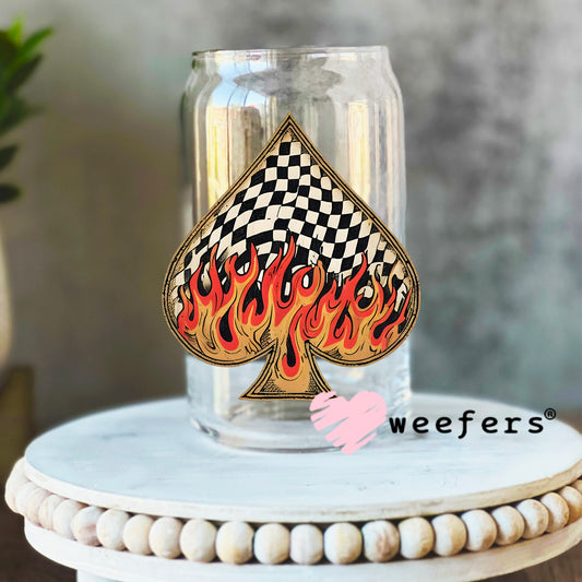 Fire Flames Black Checkered Spade UV DTF Decal 16oz Libbey Glass Original Size Weefers