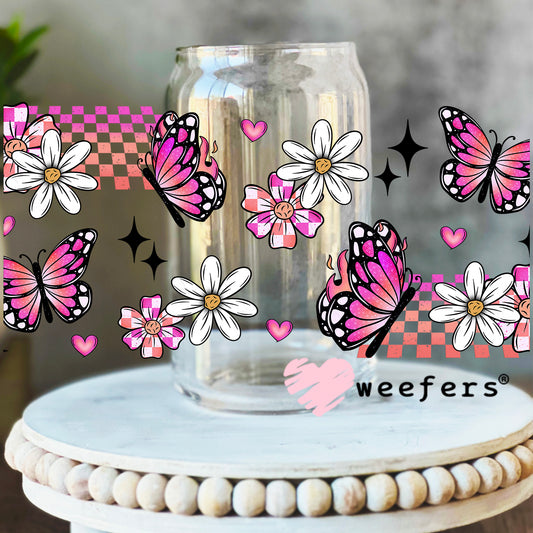 Pink Orange and Black Butterflies and Flowers UV DTF Cup Wrap 16oz Libbey Glass Original Size Weefers