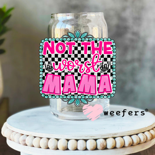 Not The Worst Mama Pink Western Blue UV DTF Decal 16oz Libbey Glass Original Size Weefers