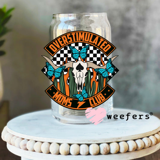 Overstimulated Moms Club Orange Western Blue UV DTF Decal 16oz Libbey Glass Original Size Weefers