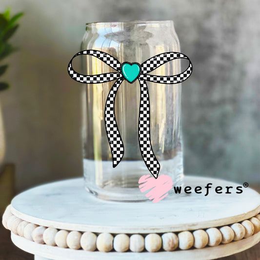 Black Checkered Bow Turquoise Heart UV DTF Decal 16oz Libbey Glass Original Size Weefers