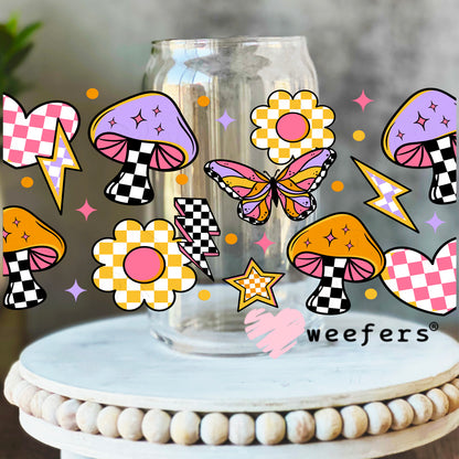 Retro Groovy Mushrooms Flowers UV DTF Cup Wrap 16oz Libbey Glass Original Size Weefers