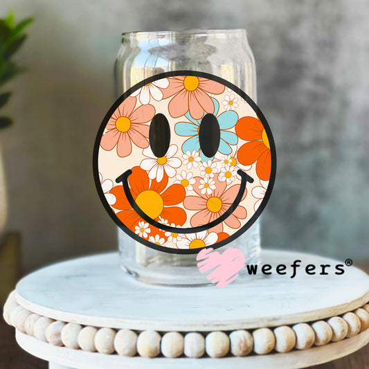 Retro Flowers Smile Face UV DTF Decal 16oz Libbey Glass Original Size Weefers