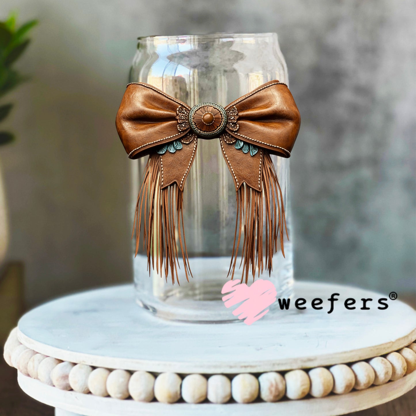 Brown Western Fringe Bow UV DTF Decal 16oz Libbey Glass Original Size Weefers