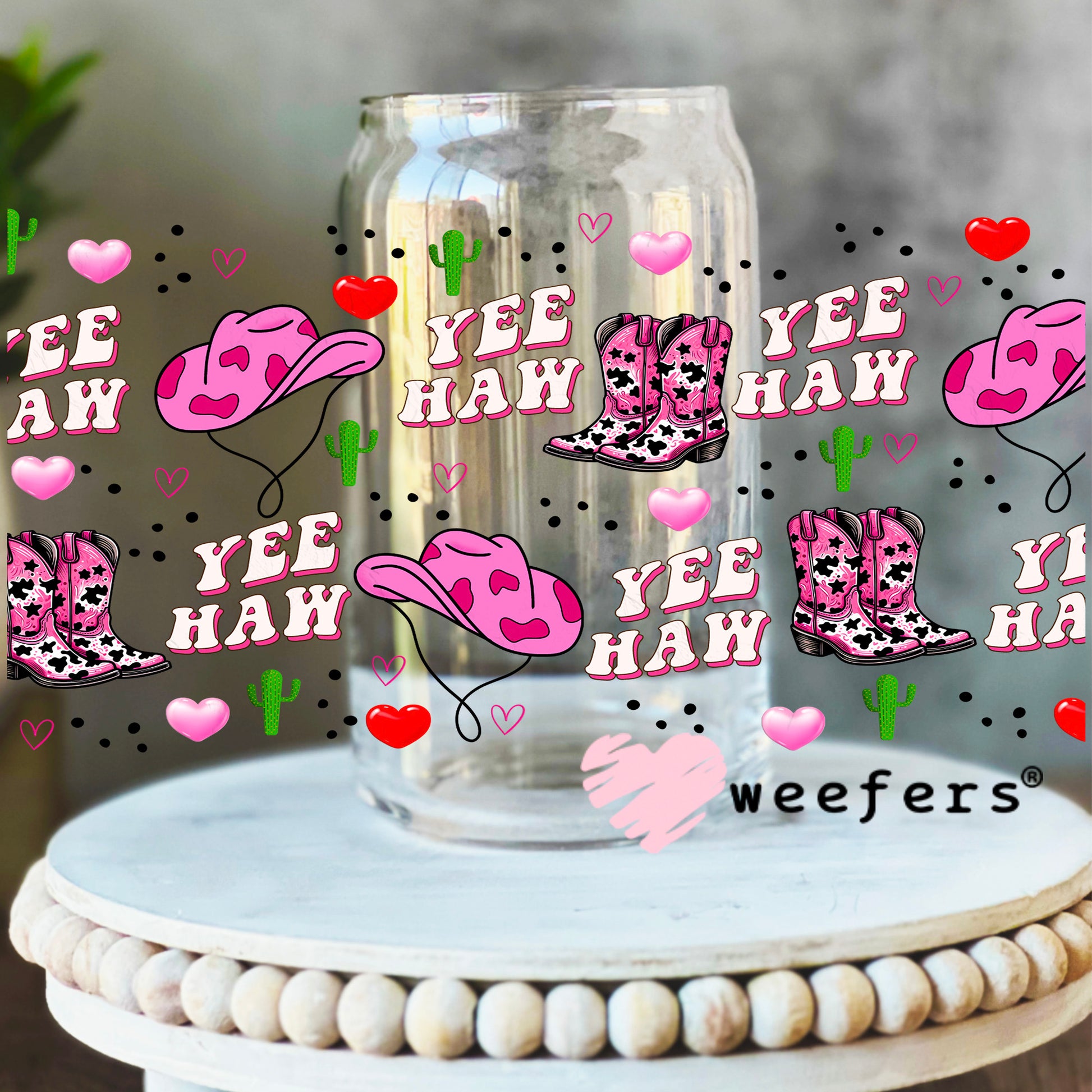 Yee Haw Pink Cowgirl Hats and Boots UV DTF Cup Wrap 16oz Libbey Glass Original Size Weefers
