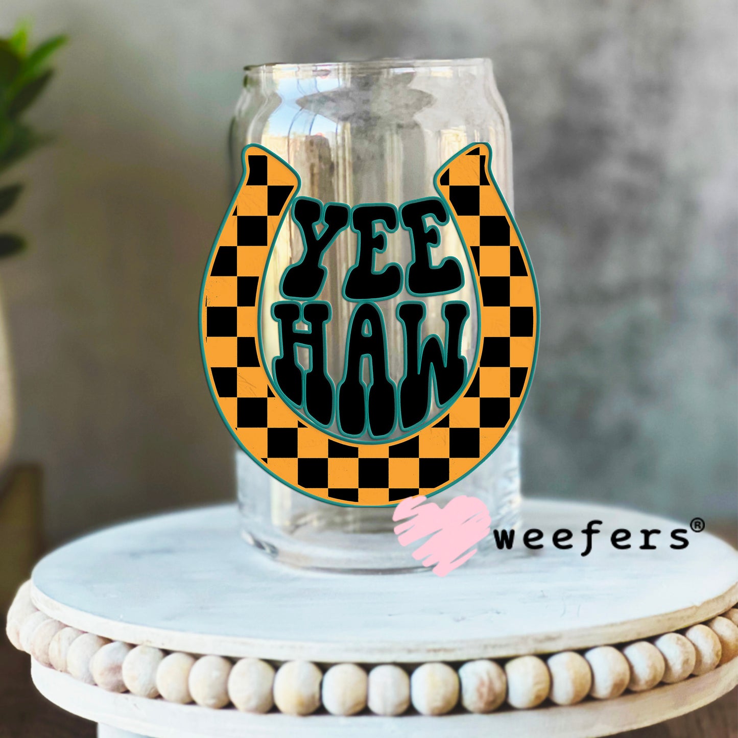 Yee Haw Black Blue Yellow UV DTF Decal 16oz Libbey Glass Original Size Weefers