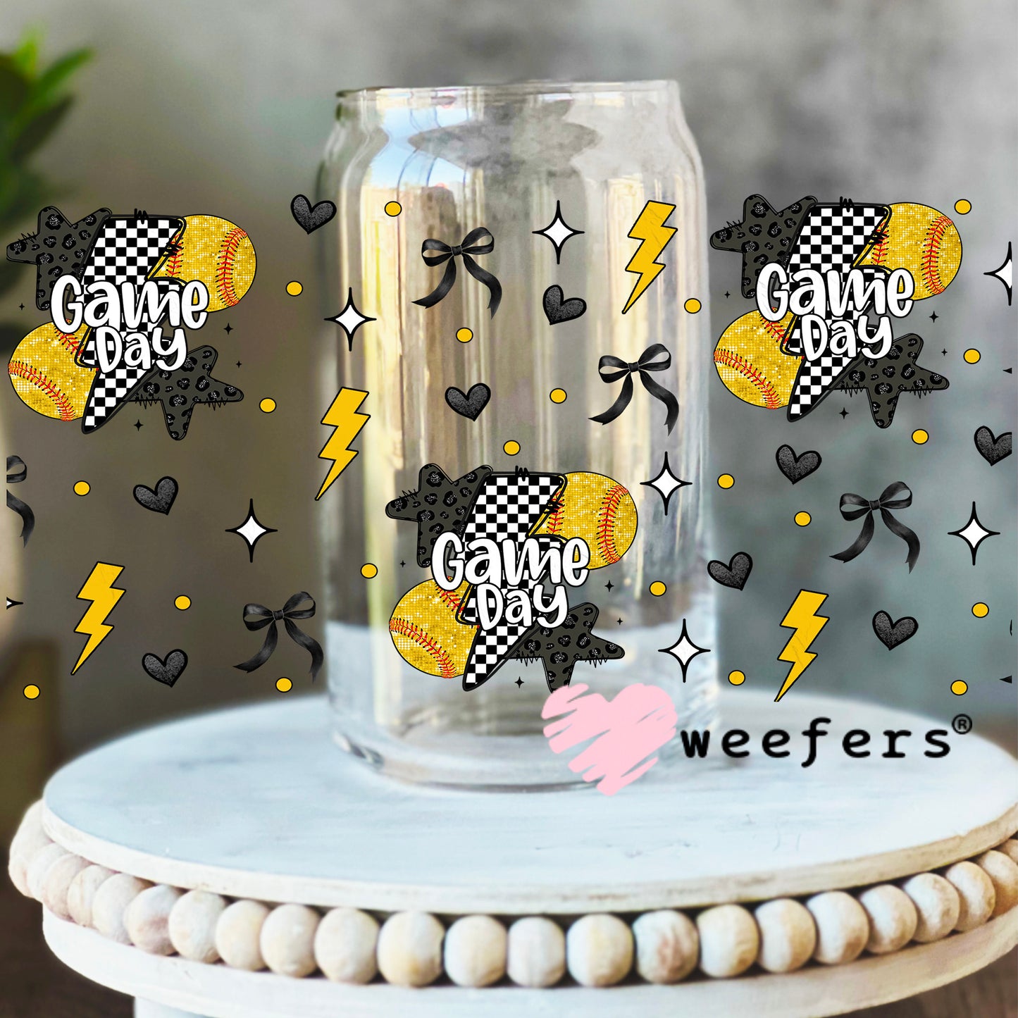 Softball Gameday Lightening Bolts UV DTF Cup Wrap - WEEFERS EXCLUSIVE WRAP 16oz Libbey Glass Original Size Weefers