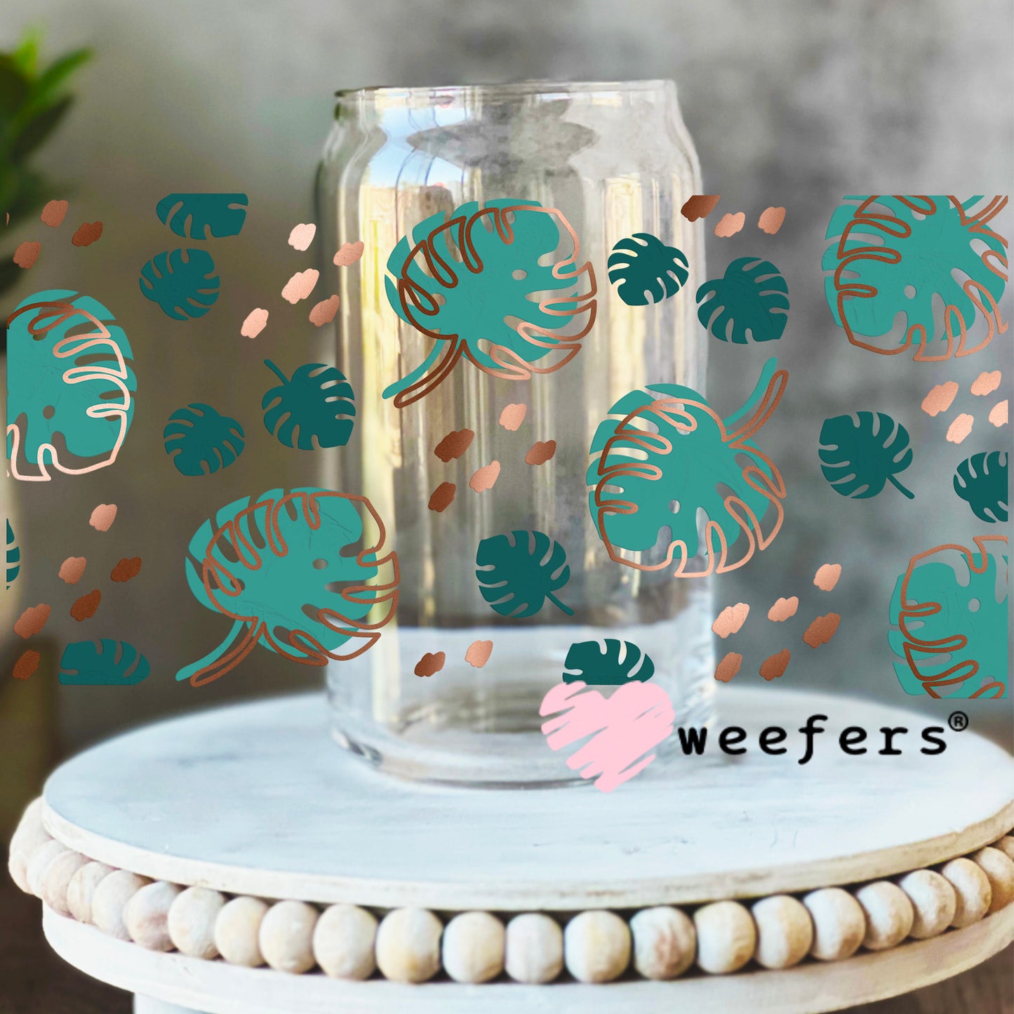 Monstera Leaves Gold UV DTF Cup Wrap 16oz Libbey Glass Original Size Weefers