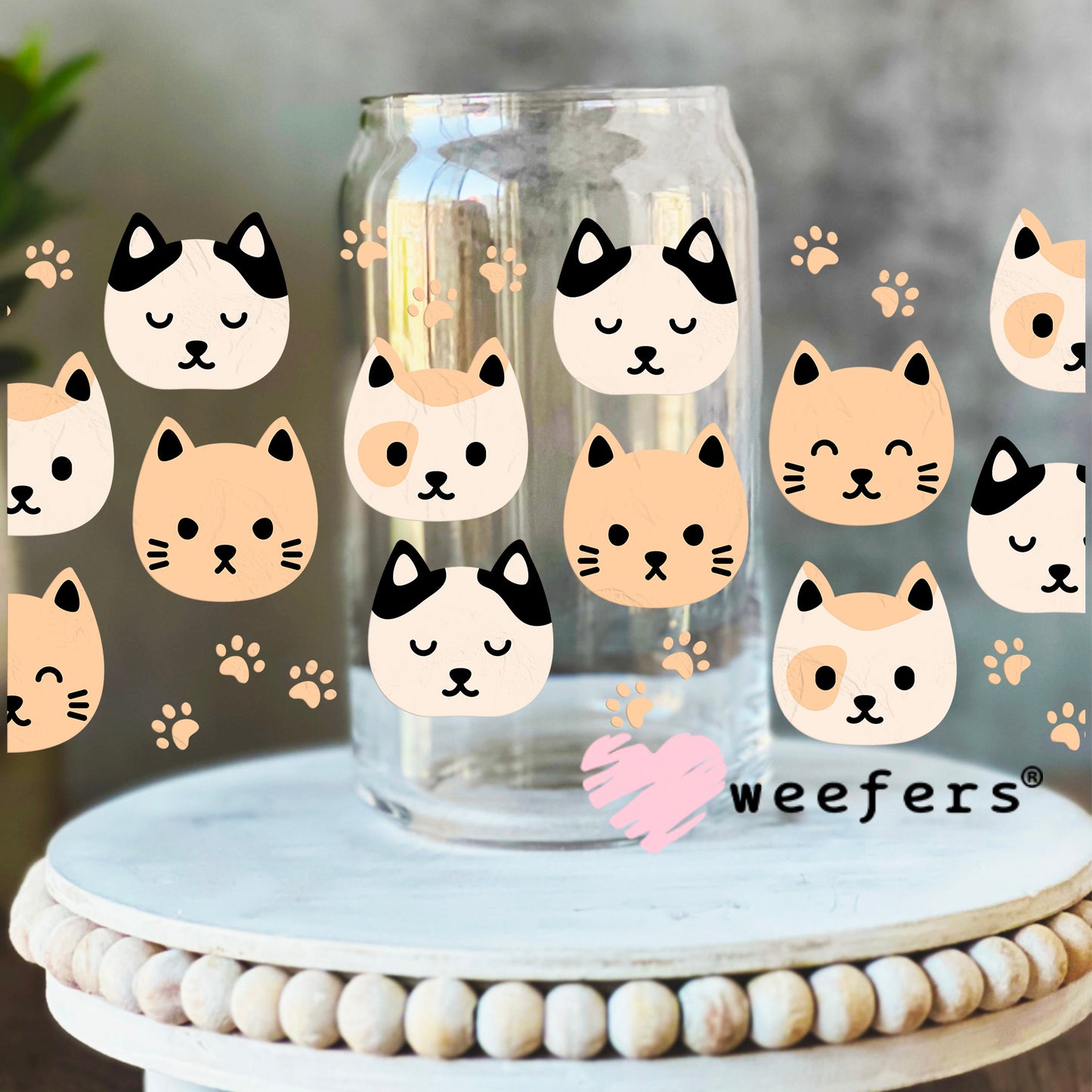 Stacked Cat Faces UV DTF Cup Wrap 16oz Libbey Glass Original Size Weefers