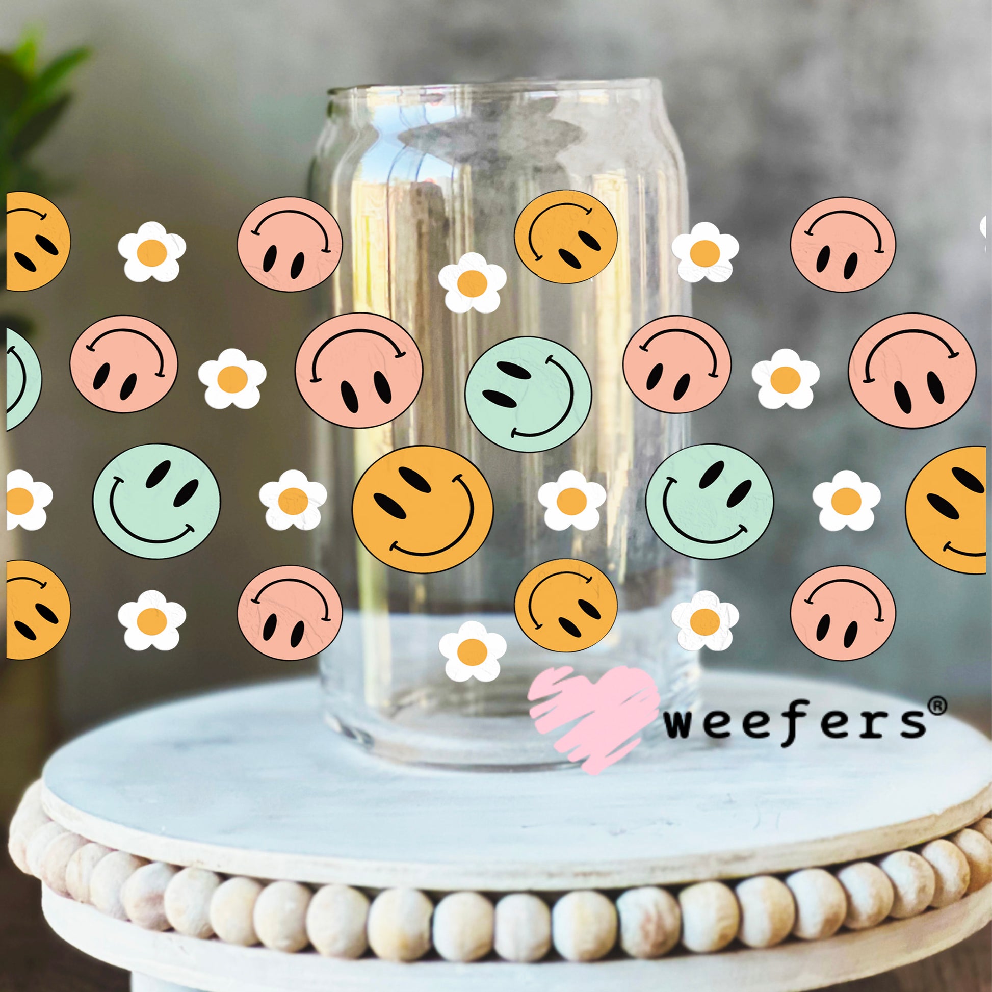 Retro Smile Faces UV DTF Cup Wrap 16oz Libbey Glass Original Size Weefers