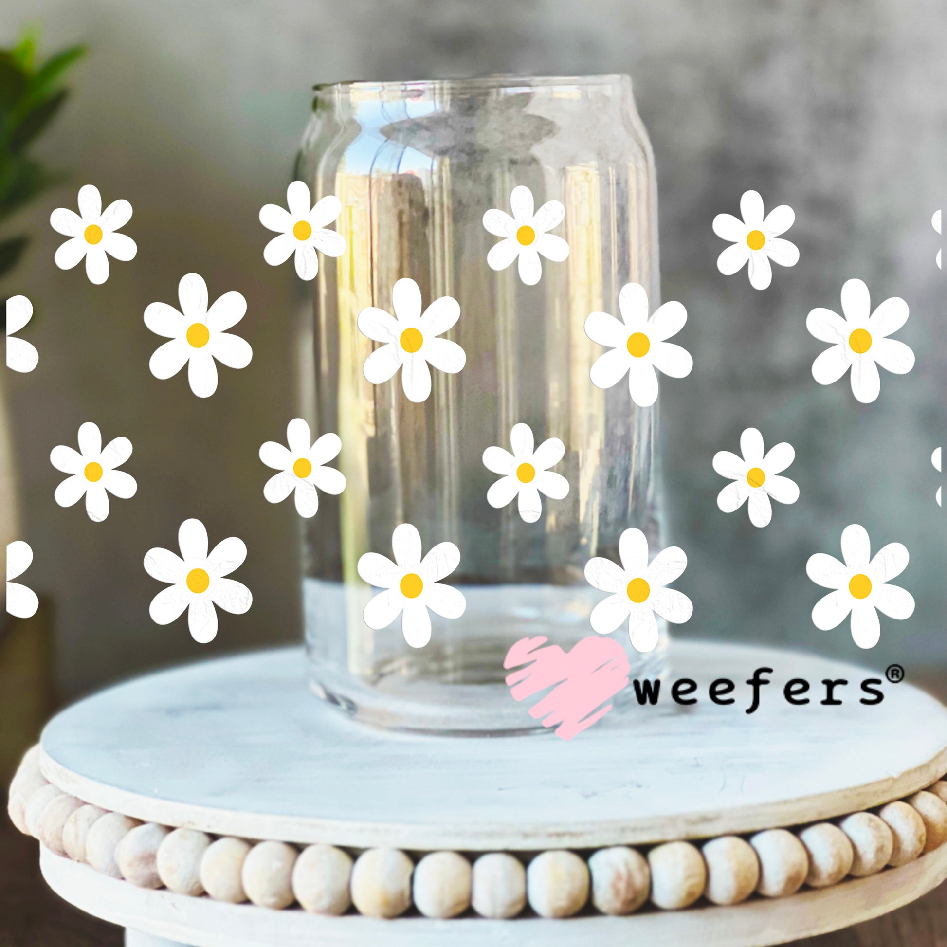 White Daisy Flowers UV DTF Cup Wrap 16oz Libbey Glass Original Size Weefers