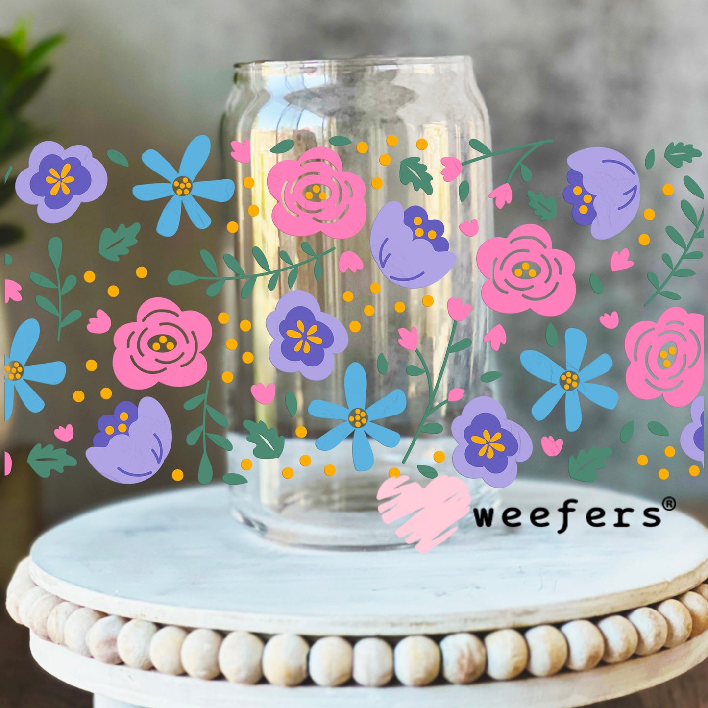 Purple Pink and Blue Flowers UV DTF Cup Wrap 16oz Libbey Glass Original Size Weefers