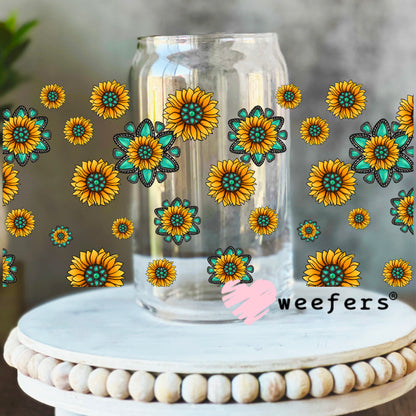 Western Sunflower Flowers UV DTF Cup Wrap 16oz Libbey Glass Original Size Weefers