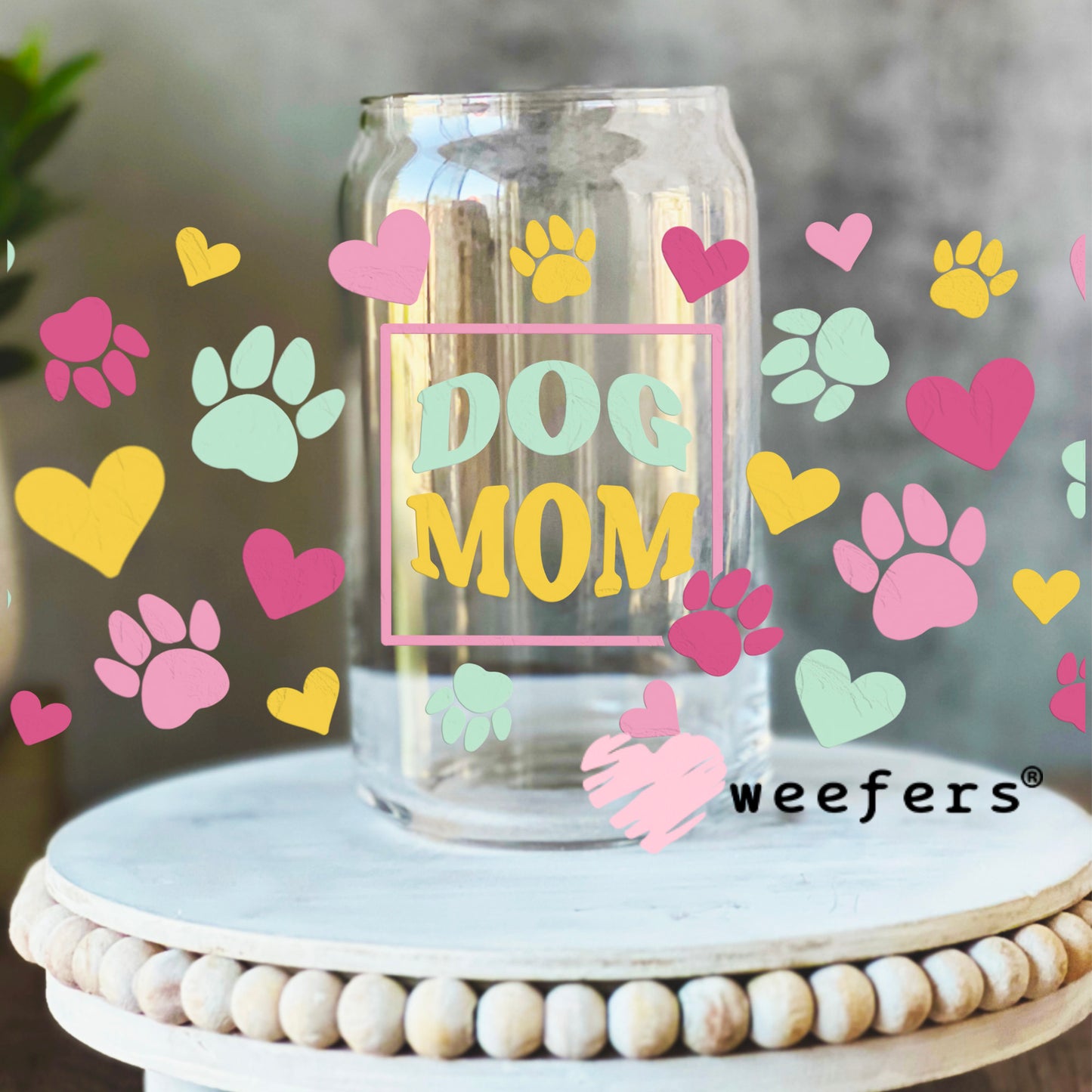 Dog Mom Pink Green Yellow Paws Hearts UV DTF Cup Wrap 16oz Libbey Glass Original Size Weefers