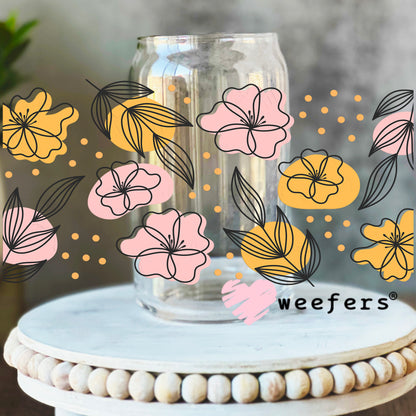 Abstract Flowers Pink and Mustard UV DTF Cup Wrap 16oz Libbey Glass Original Size Weefers