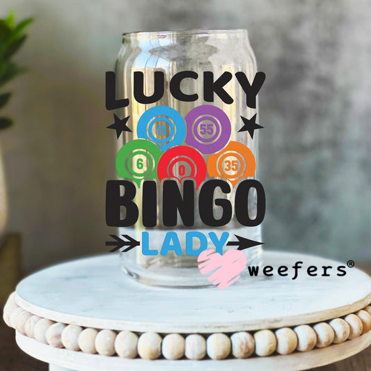Lucky Bingo Lady UV DTF Decal 16oz Libbey Glass Original Size Weefers