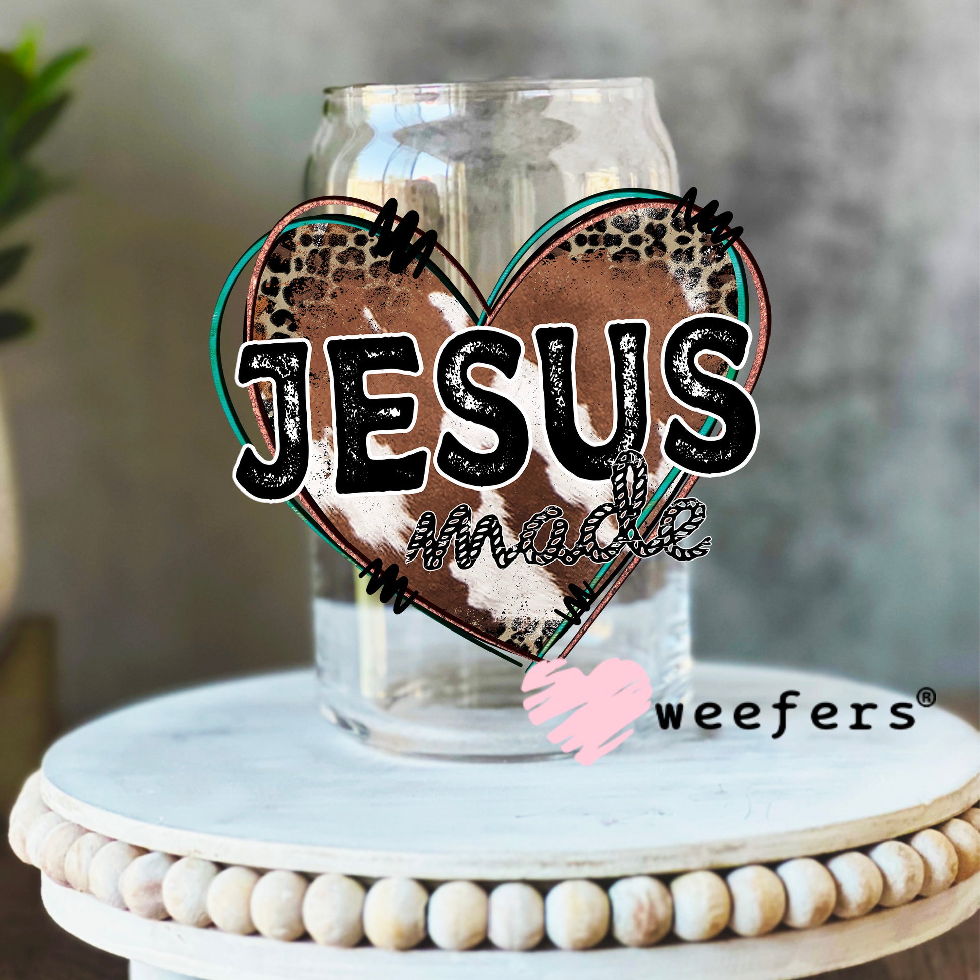 Jesus Western Heart UV DTF Decal 16oz Libbey Glass Original Size Weefers