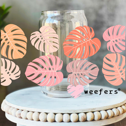 Monstera Leaves Blush UV DTF Cup Wrap 16oz Libbey Glass Original Size Weefers