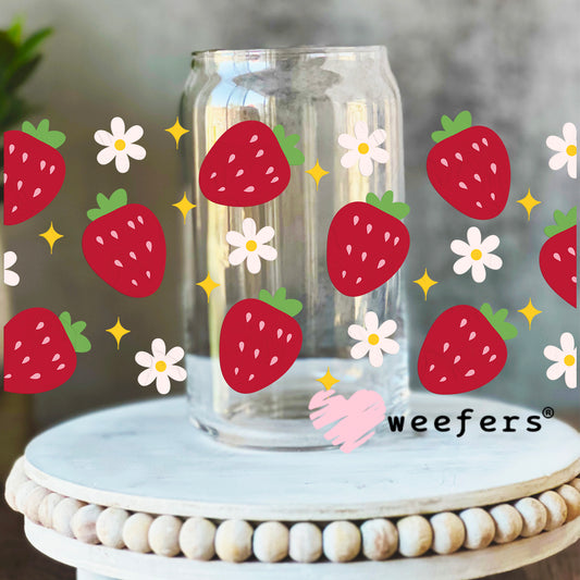Red Strawberries and White Flowers UV DTF Cup Wrap 16oz Libbey Glass Original Size Weefers