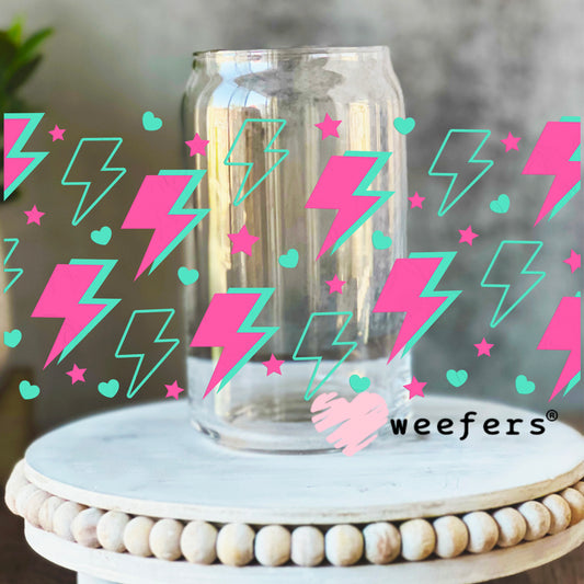 Pink and Teal Lightening Bolts UV DTF Cup Wrap 16oz Libbey Glass Original Size Weefers