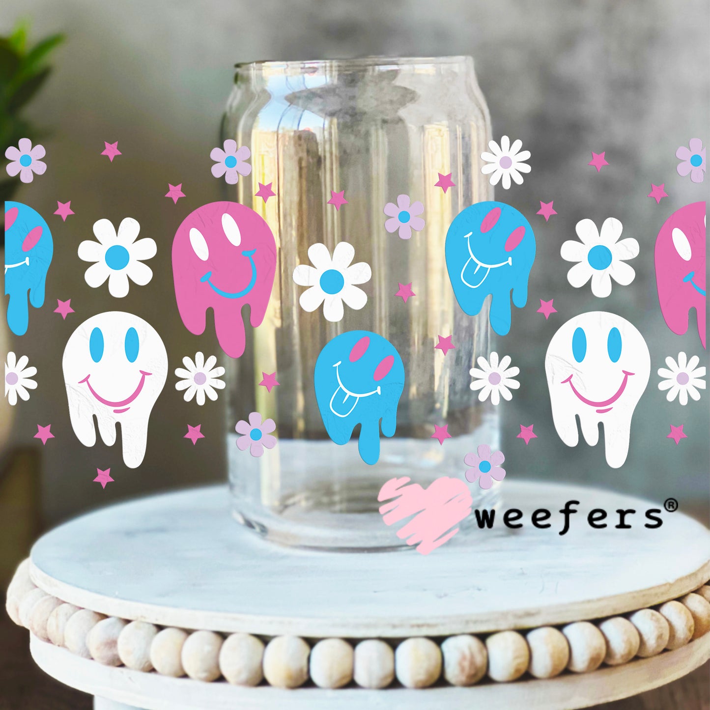 Pink and Blue Melting Faces UV DTF Cup Wrap 16oz Libbey Glass Original Size Weefers