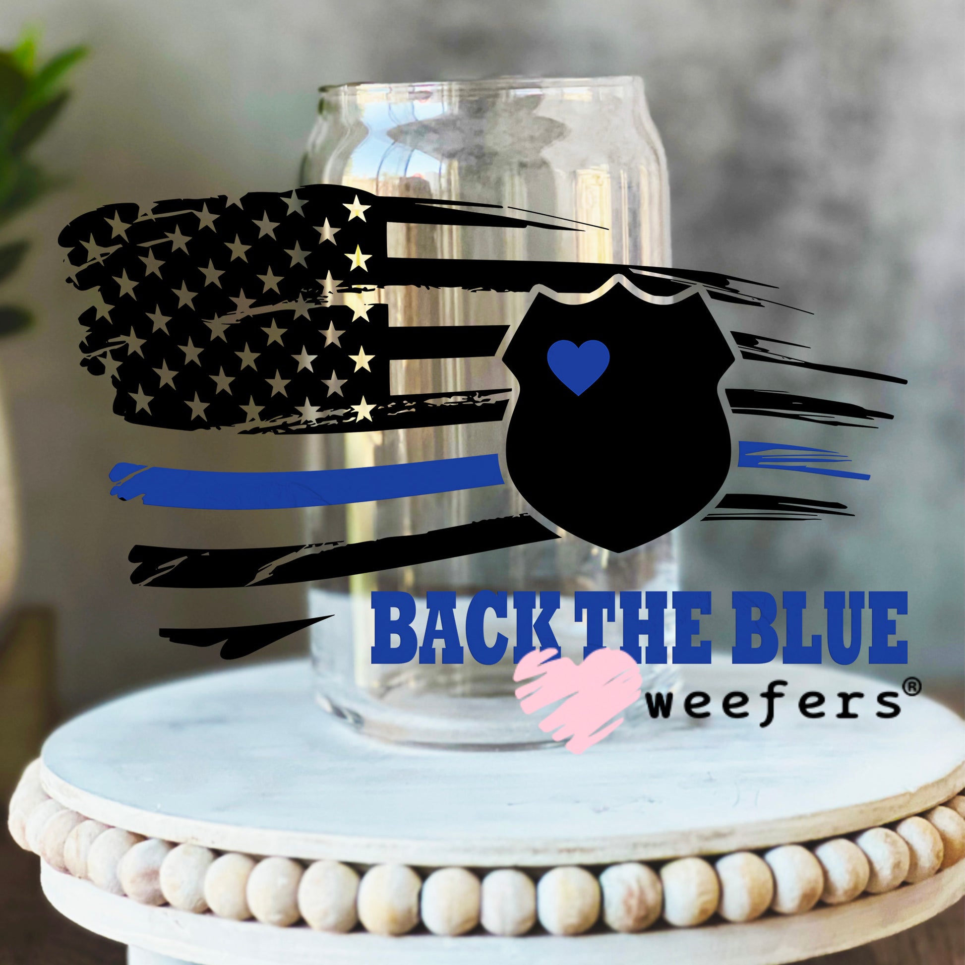 Back the Blue Police Officer UV DTF Decal 16oz Libbey Glass Original Size Weefers