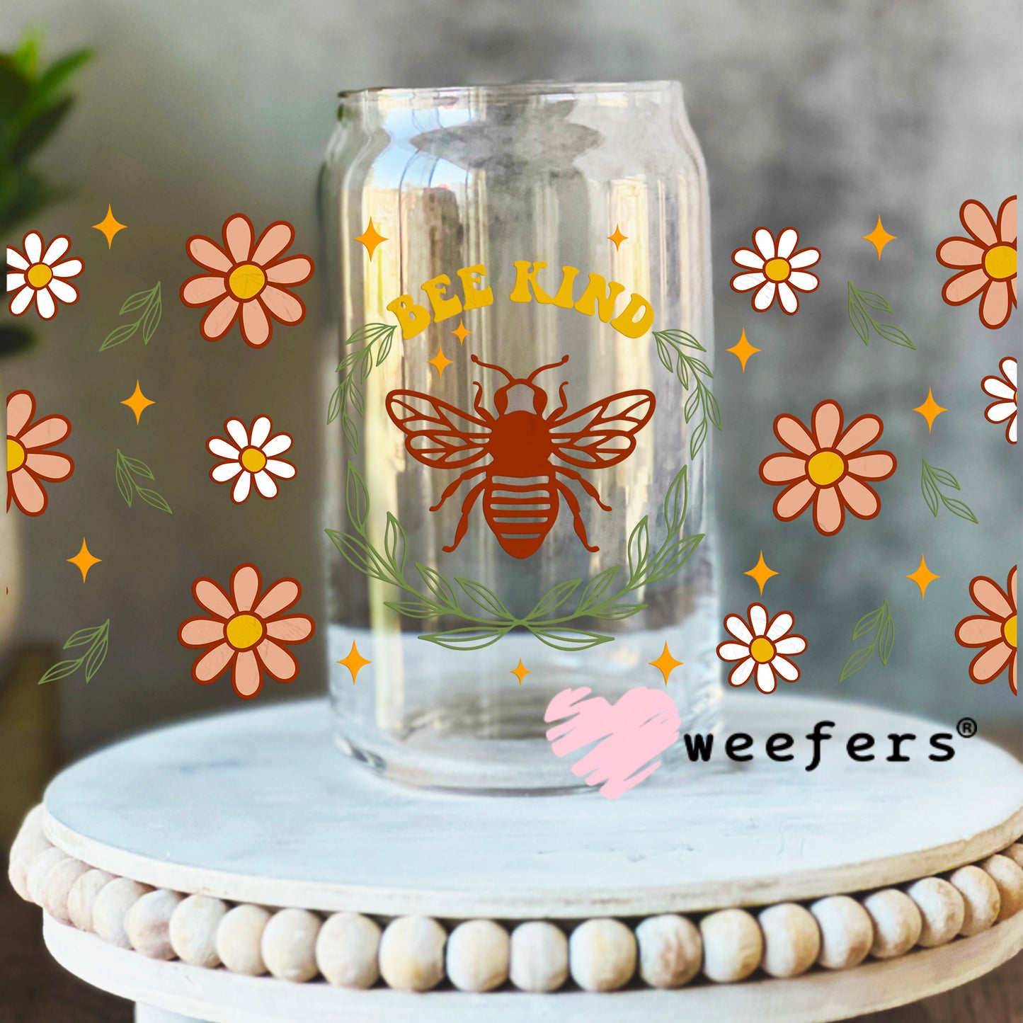Bee Kind Flowers UV DTF Cup Wrap 16oz Libbey Glass Original Size Weefers