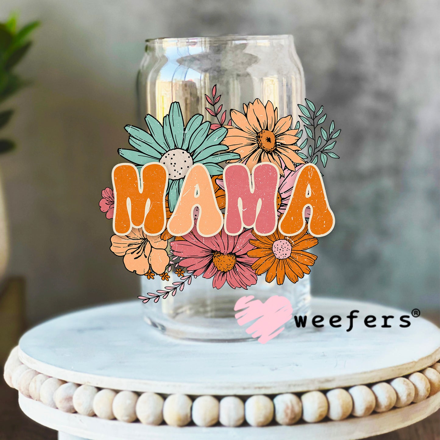Mama Boho Flowers UV DTF Decal 16oz Libbey Glass Original Size Weefers