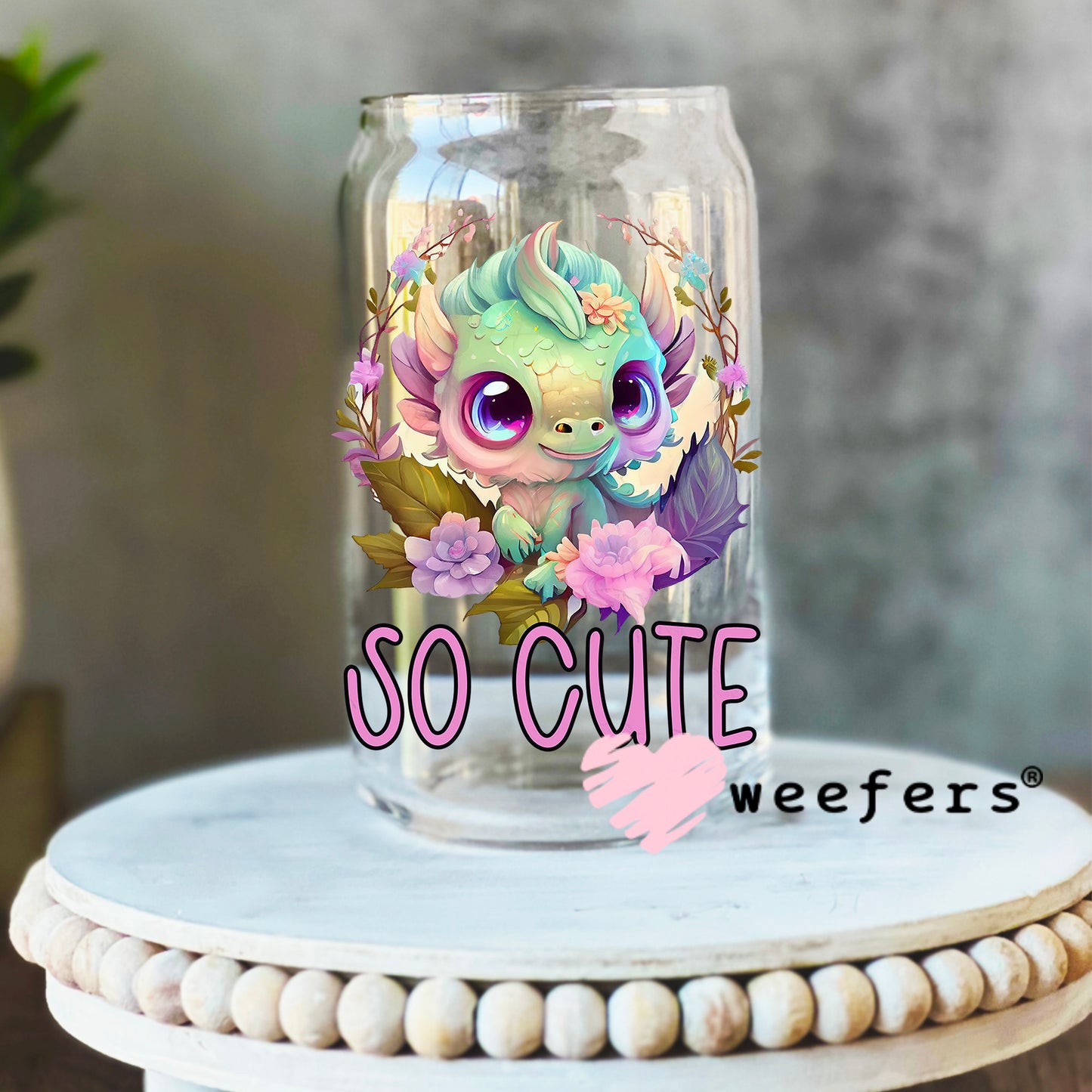 So Cute Dragon UV DTF Decal 16oz Libbey Glass Original Size Weefers