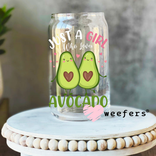 Just a Girl Who Loves Avocado UV DTF Decal 16oz Libbey Glass Original Size Weefers