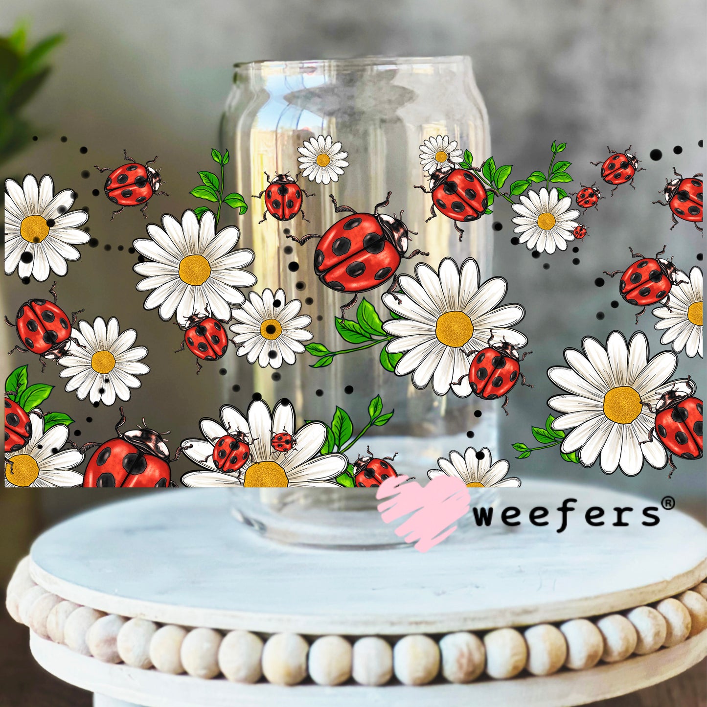 Lady Bug Daisy Flowers UV DTF Cup Wrap 16oz Libbey Glass Original Size Weefers