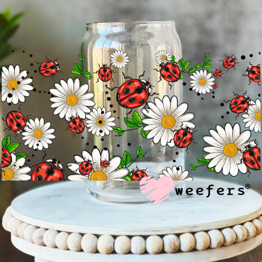 Lady Bug Daisy Flowers UV DTF Cup Wrap 16oz Libbey Glass Original Size Weefers