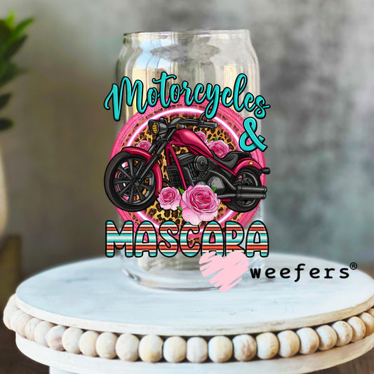 Motorcycles and Mascara UV DTF Decal 16oz Libbey Glass Original Size Weefers