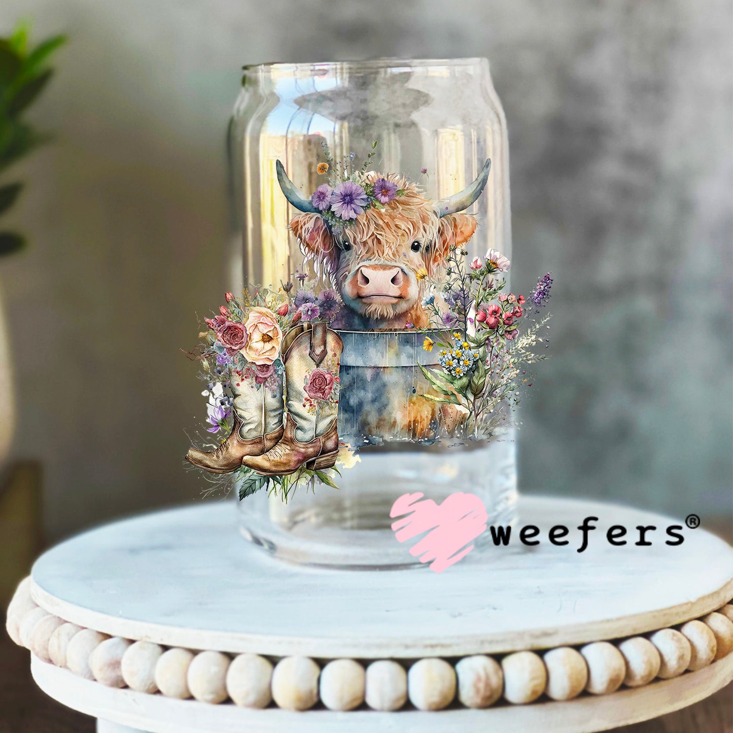 Baby Highlander Cow in Bucket UV DTF Decal 16oz Libbey Glass Original Size Weefers