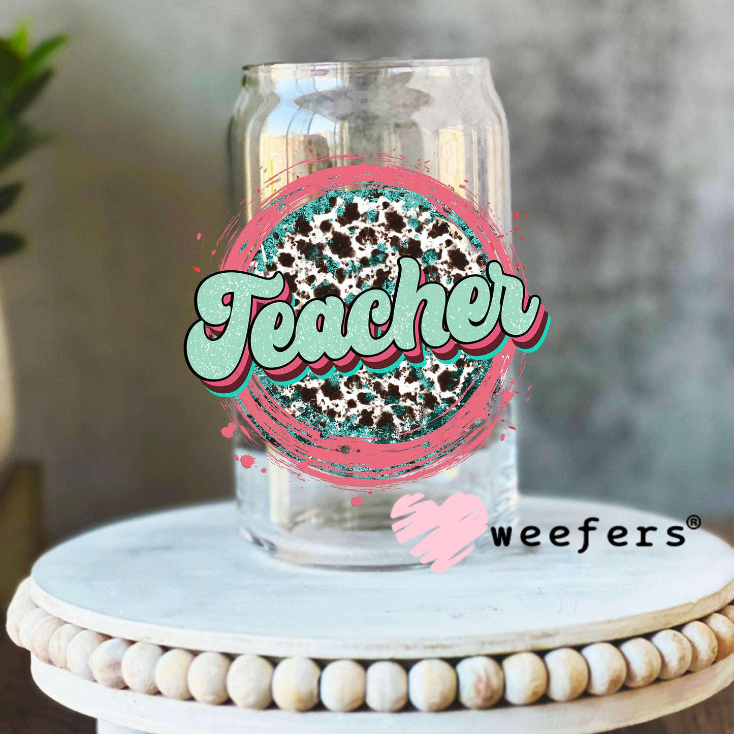 Teacher Cheetah Print Coral and Mint UV DTF Decal 16oz Libbey Glass Original Size Weefers