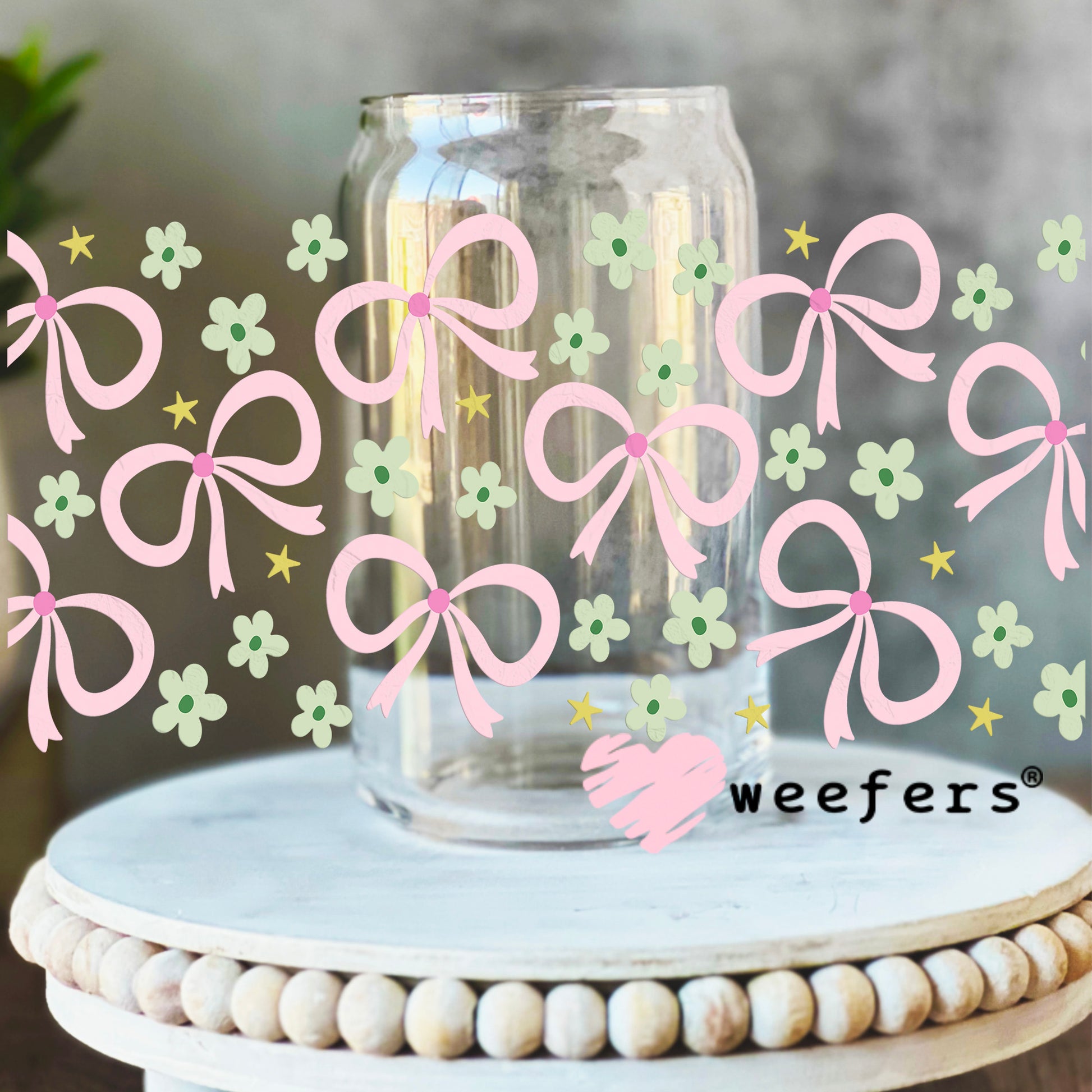 Pink Bows Mint Green Flowers UV DTF Cup Wrap 16oz Libbey Glass Original Size Weefers