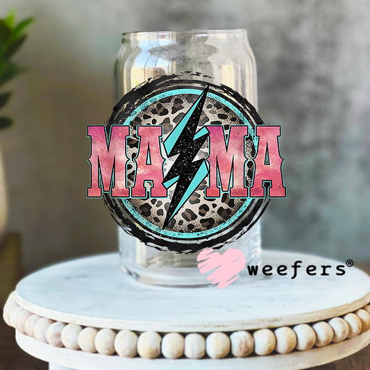Mama Lightening Bolt Cheetah Print UV DTF Decal 16oz Libbey Glass Original Size Weefers