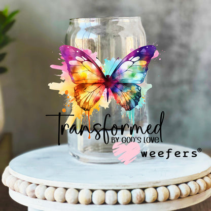 Transformed by God's Love Butterfly UV DTF Decal 16oz Libbey Glass Original Size Weefers